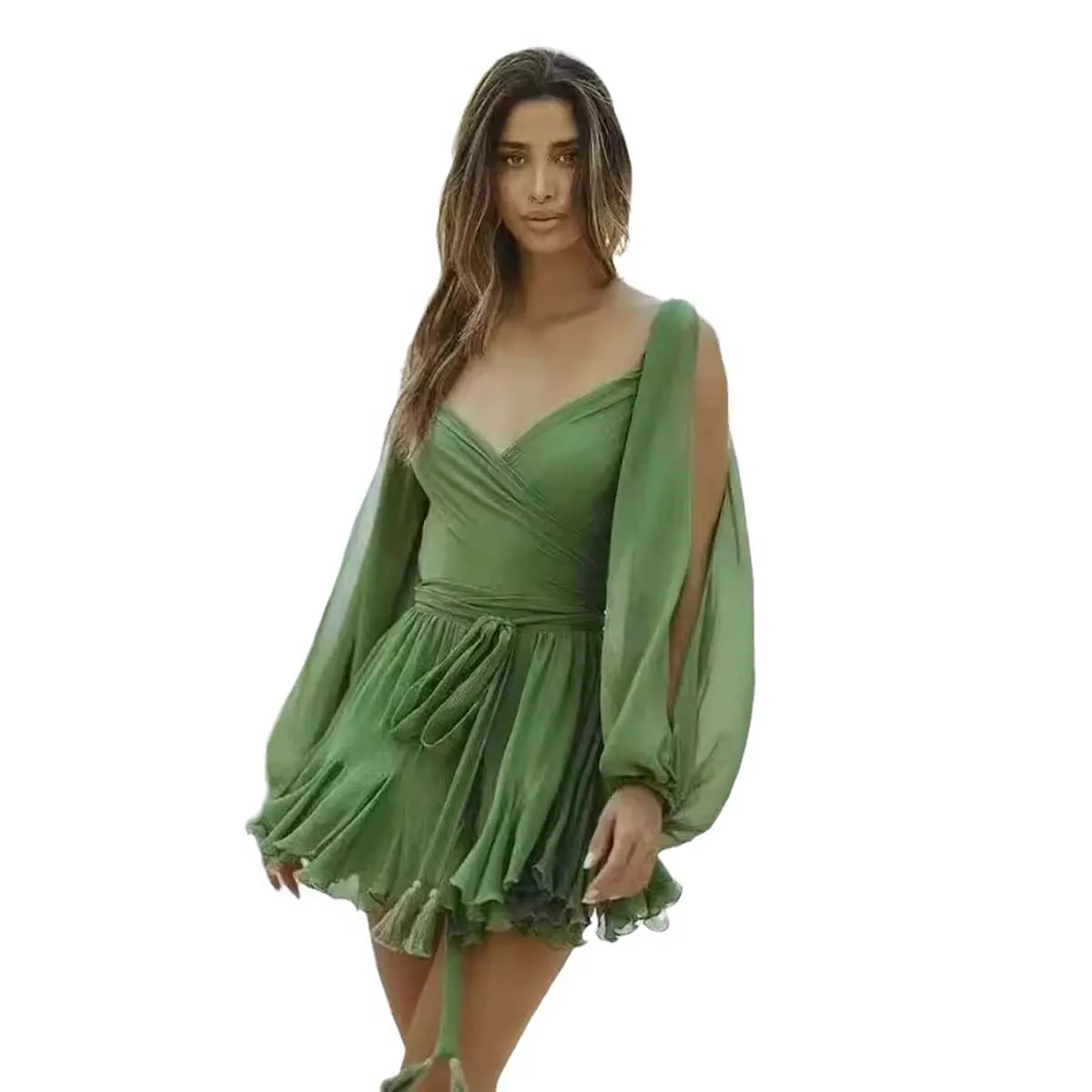 Women's Solid Colour Strapless Sleeve V-Neck Backless Tie Robe Sexy Pleated Mini Dress
Women's Solid Colour Strapless Sleeve V-Neck Backless Tie Robe Sexy Pleated Mini Dress