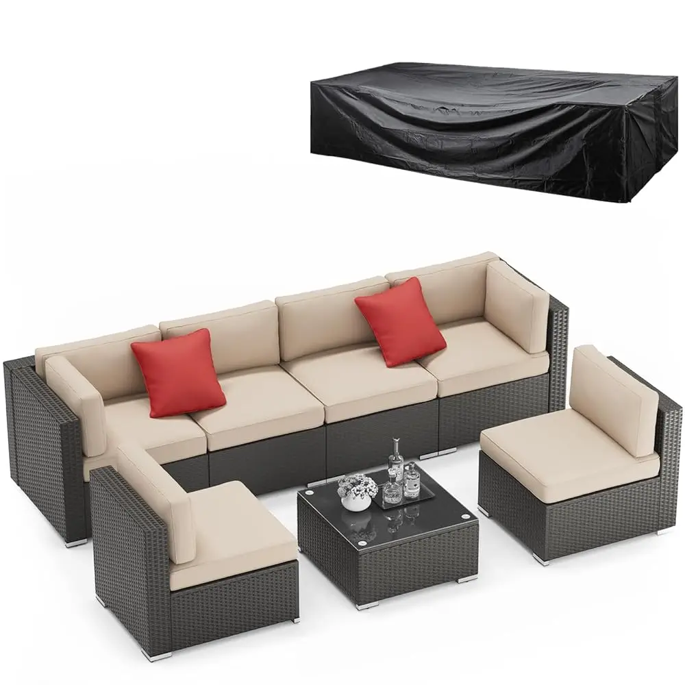 7-Piece Outdoor Patio Furniture Sofa Sl-Weather Wicker Sectional Conversation Set With Modern Glass Coffee Table, Cushions And
7-Piece Outdoor Patio Furniture Sofa Sl-Weather Wicker Sectional Conversation Set With Modern Glass Coffee Table, Cushions And
