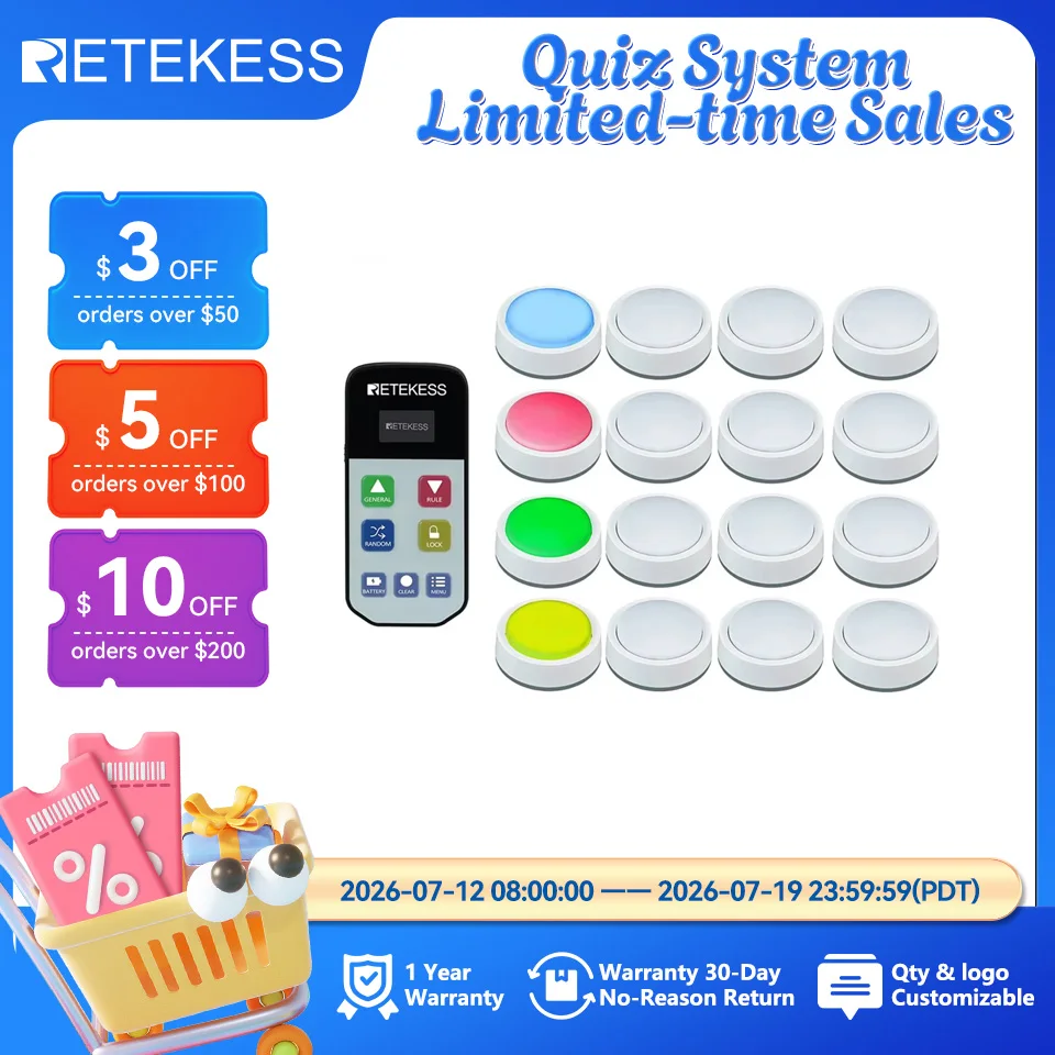 RETEKESS TM102 Wireless Quiz Answer Game Buzzer System 3 Answer Modes 4 Color States For Competition Game Show Family Party Game
RETEKESS TM102 Wireless Quiz Answer Game Buzzer System 3 Answer Modes 4 Color States For Competition Game Show Family Party Game