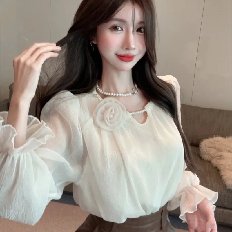 Three-Dimensional Flower Collar Shirt Women's Design Sense Mesh Flared Sleeves Sweet Top Gentle Solid Color
Three-Dimensional Flower Collar Shirt Women's Design Sense Mesh Flared Sleeves Sweet Top Gentle Solid Color