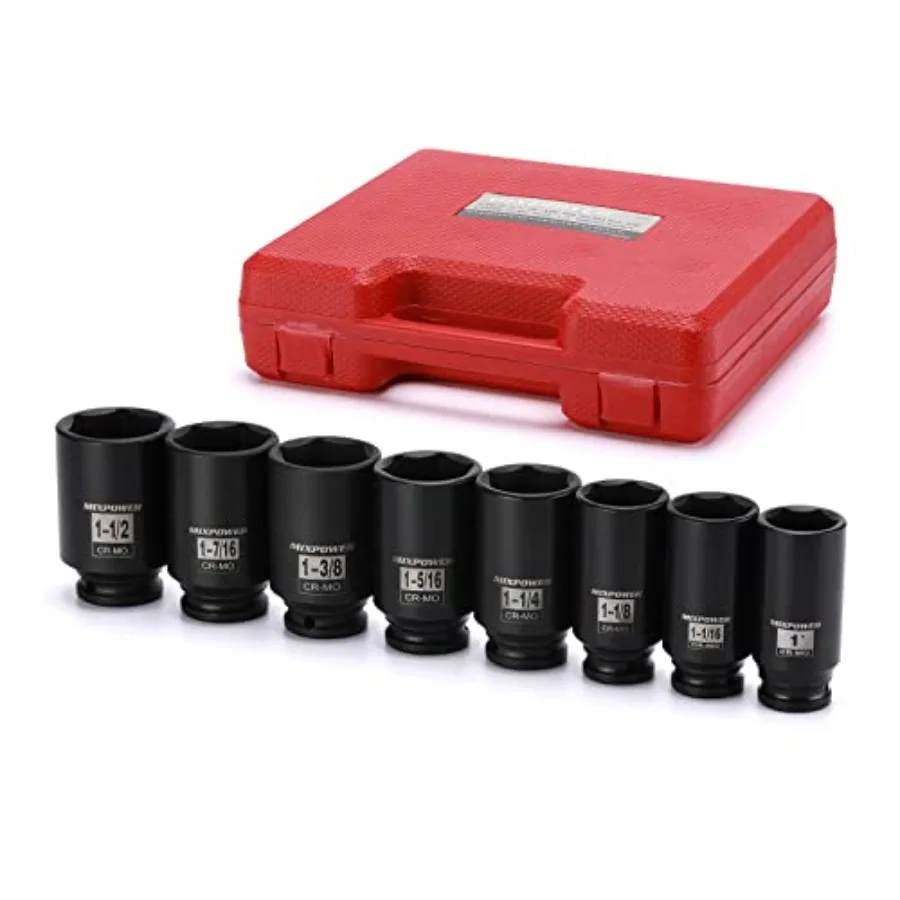 8 Pieces 1/2-Inch Drive Deep Impact Socket Set, CR-MO, 6 Point, Deep, SAE, 1-Inch - 1-1/2 inch, 1/2" Drive Axle Nut Socket Set
8 Pieces 1/2-Inch Drive Deep Impact Socket Set, CR-MO, 6 Point, Deep, SAE, 1-Inch - 1-1/2 inch, 1/2" Drive Axle Nut Socket Set