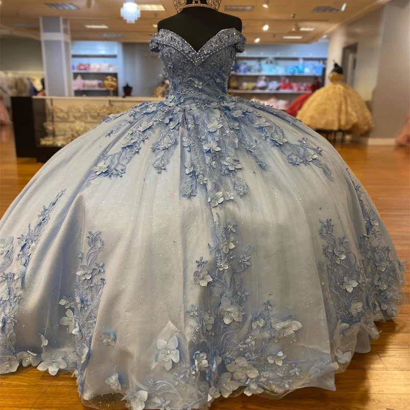 Glitter Sky Blue Princess Ball Gown Quinceanera Dresses Off Shoulder 3DFlower Appliques Beads Vestidos De 15 Anos Prom Gown
Glitter Sky Blue Princess Ball Gown Quinceanera Dresses Off Shoulder 3DFlower Appliques Beads Vestidos De 15 Anos Prom Gown
