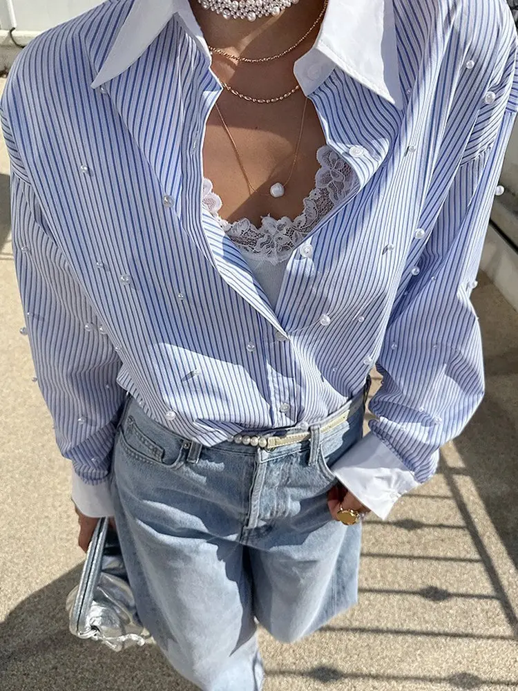 Шикарная полосатая женская блузка свободного покроя с воротником и жемчугом, цветная блузка для похудения, милый молодежный универсальный модный топ
Шикарная полосатая женская блузка свободного покроя с воротником и жемчугом, цветная блузка для похудения, милый молодежный универсальный модный топ