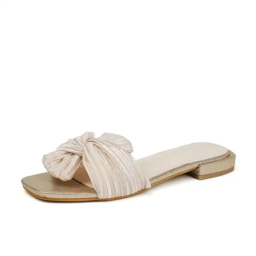 Pleated Bow Flat Slides Square Toe Slip-On Sandals For Women
Pleated Bow Flat Slides Square Toe Slip-On Sandals For Women