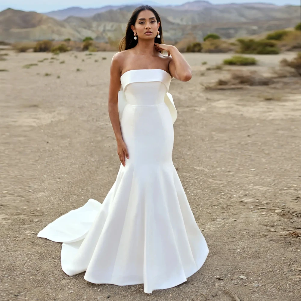 Mermaid Strapless Sleeveless Wedding Dress Customized Satin Bow Bride Gowns Open Back Fold Zipper Floor Length Vestidos De Novia
Mermaid Strapless Sleeveless Wedding Dress Customized Satin Bow Bride Gowns Open Back Fold Zipper Floor Length Vestidos De Novia