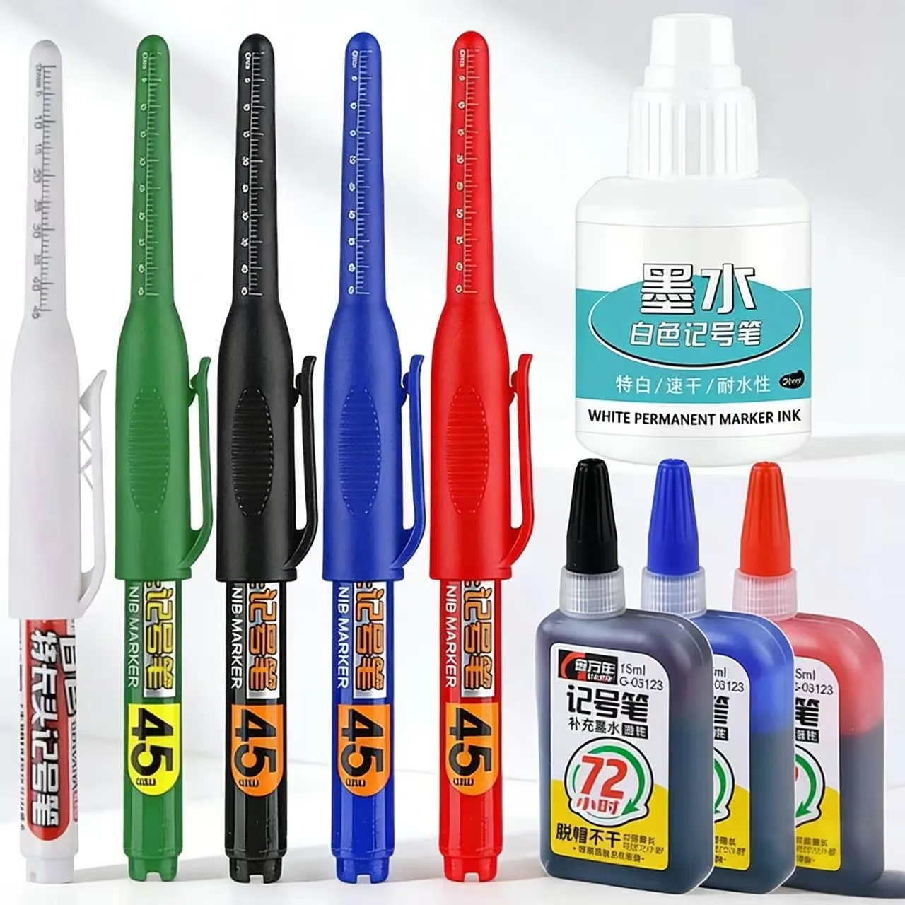 45mm Deep Hole Marker Pens Set Long Nib Head Carpenter Pen Waterproof for Measuring Woodworking Office White/Black/Blue/Red
45mm Deep Hole Marker Pens Set Long Nib Head Carpenter Pen Waterproof for Measuring Woodworking Office White/Black/Blue/Red