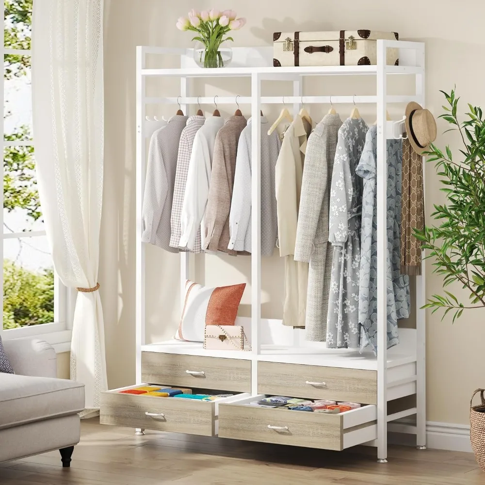 freestanding closet organizer for hanging clothes, heavy duty garment rack with 4 drawers, 8 hooks and storage shelves, wardrob 
freestanding closet organizer for hanging clothes, heavy duty garment rack with 4 drawers, 8 hooks and storage shelves, wardrob