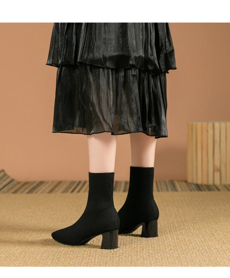 Black Square Toe Knit Sock Boots Elastic Slim Thick Block Heel High Heels Short Boots Fashion Autumn Casual Skinny Ankle Boots 14 Sbbe2b6c790294f5c9f474936086d7815v