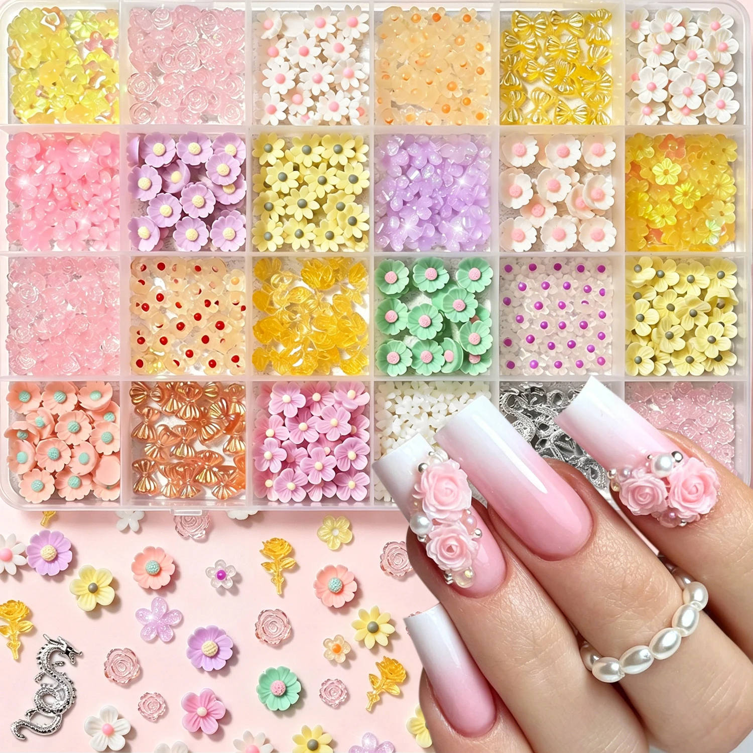 24Grids 3D Acrylic Flower Nail Charms Colorful Floral Nail Decor Pearls & Rhinestones DIY Manicure Spring/Summer Nail Art Design
24Grids 3D Acrylic Flower Nail Charms Colorful Floral Nail Decor Pearls & Rhinestones DIY Manicure Spring/Summer Nail Art Design