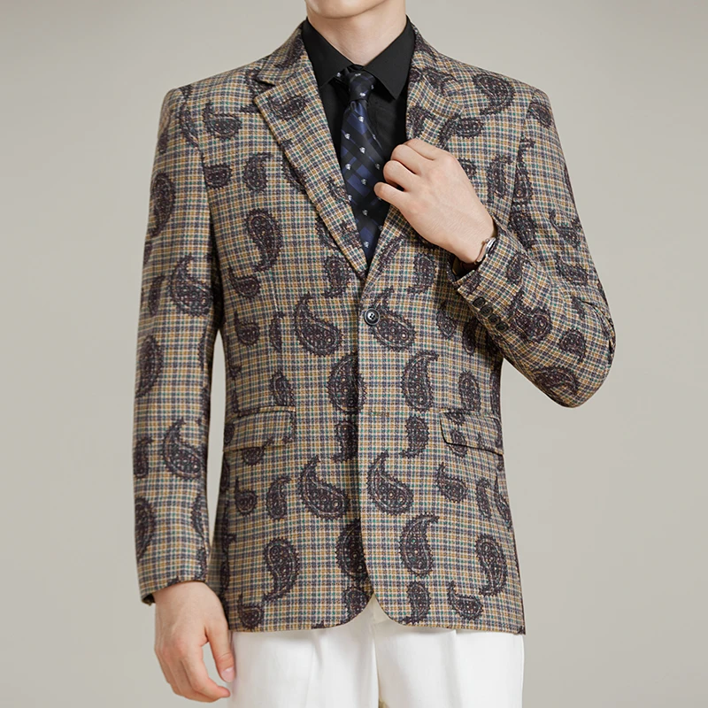 Осень-зима, клетчатый пиджак из кешью, мужская мода, повседневный жаккардовый пиджак с вышивкой, деловые мужские пиджаки для социальных вечеринок
Осень-зима, клетчатый пиджак из кешью, мужская мода, повседневный жаккардовый пиджак с вышивкой, деловые мужские пиджаки для социальных вечеринок