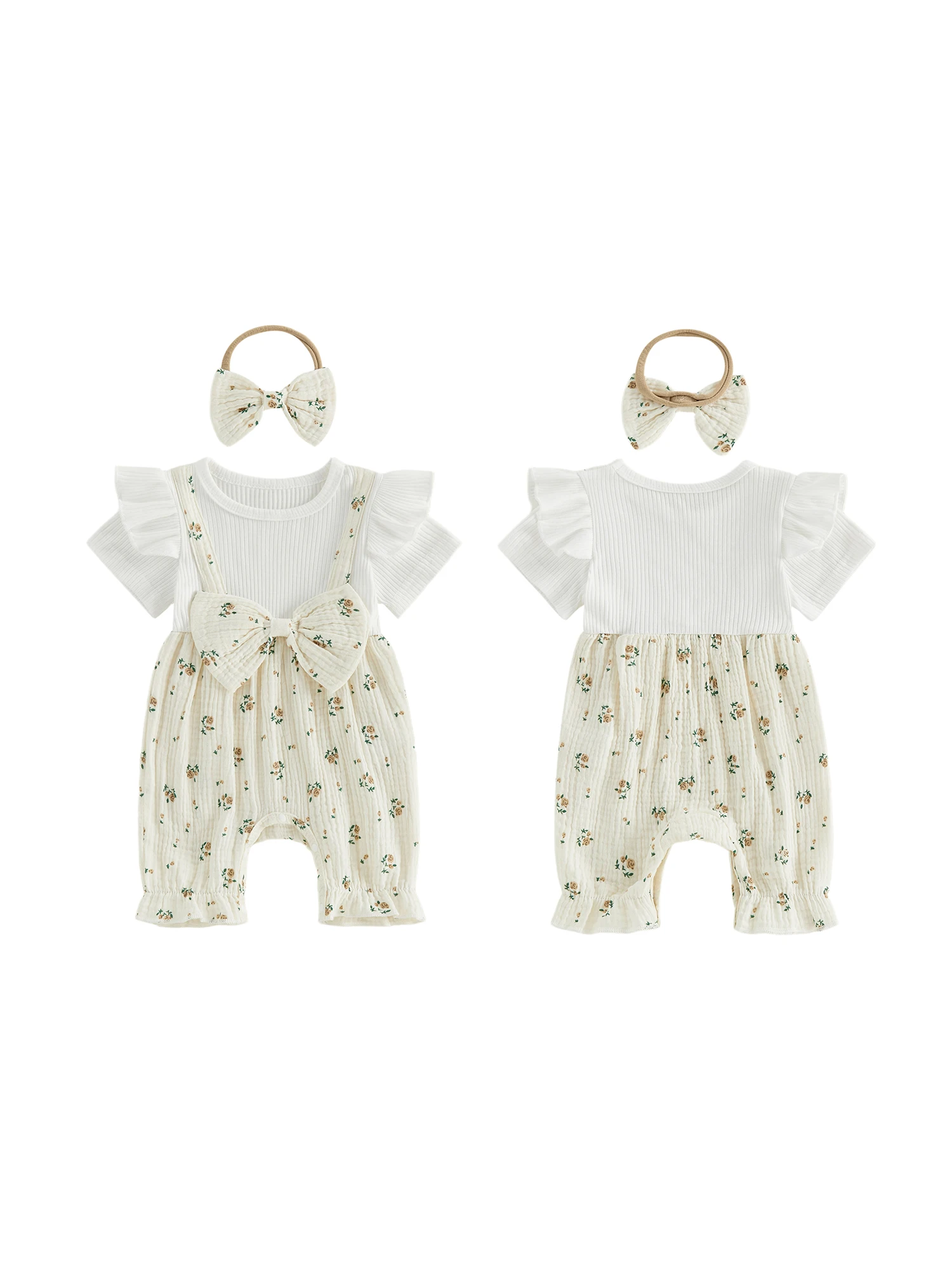 Stylish Toddler Girl Floral Print Romper with Ruffle Sleeves and Matching Bow Headband for Summer Outfit Set
Stylish Toddler Girl Floral Print Romper with Ruffle Sleeves and Matching Bow Headband for Summer Outfit Set