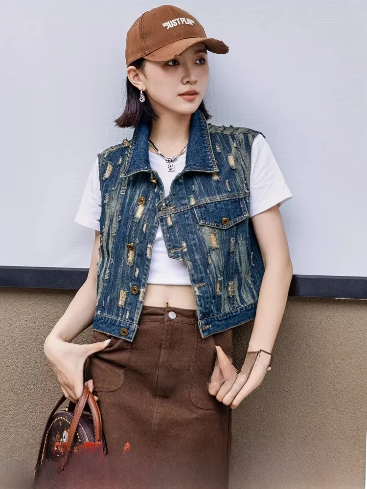 Ripped Denim Vest Women's Svel Top Spring Autumn Design Sense Vintage Tagkita Collar Single Button Closure Pure Color
Ripped Denim Vest Women's Svel Top Spring Autumn Design Sense Vintage Tagkita Collar Single Button Closure Pure Color