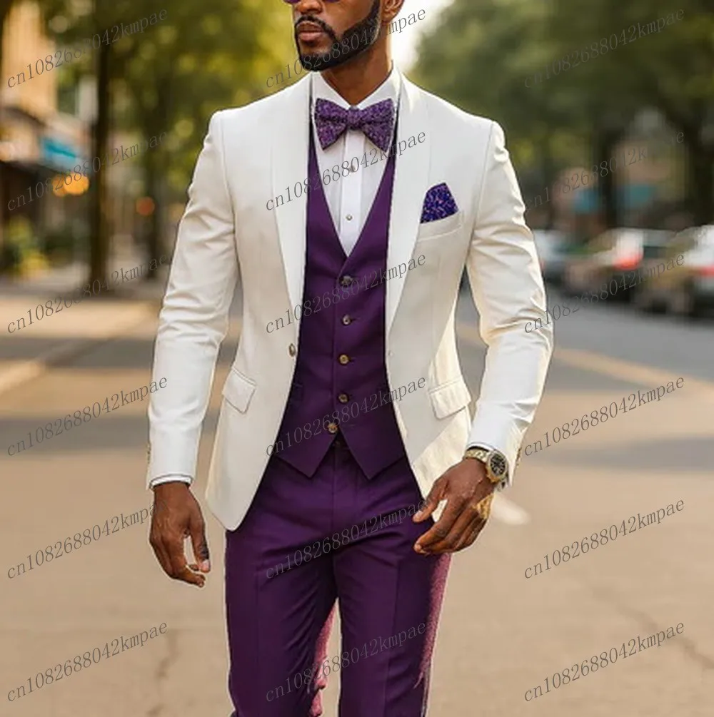 White And Purple Men Suit Formal Occasion Groom Groomsman Wedding Party Prom Male Tuxedos 3 Piece Set Blazer Vest Pants
White And Purple Men Suit Formal Occasion Groom Groomsman Wedding Party Prom Male Tuxedos 3 Piece Set Blazer Vest Pants
