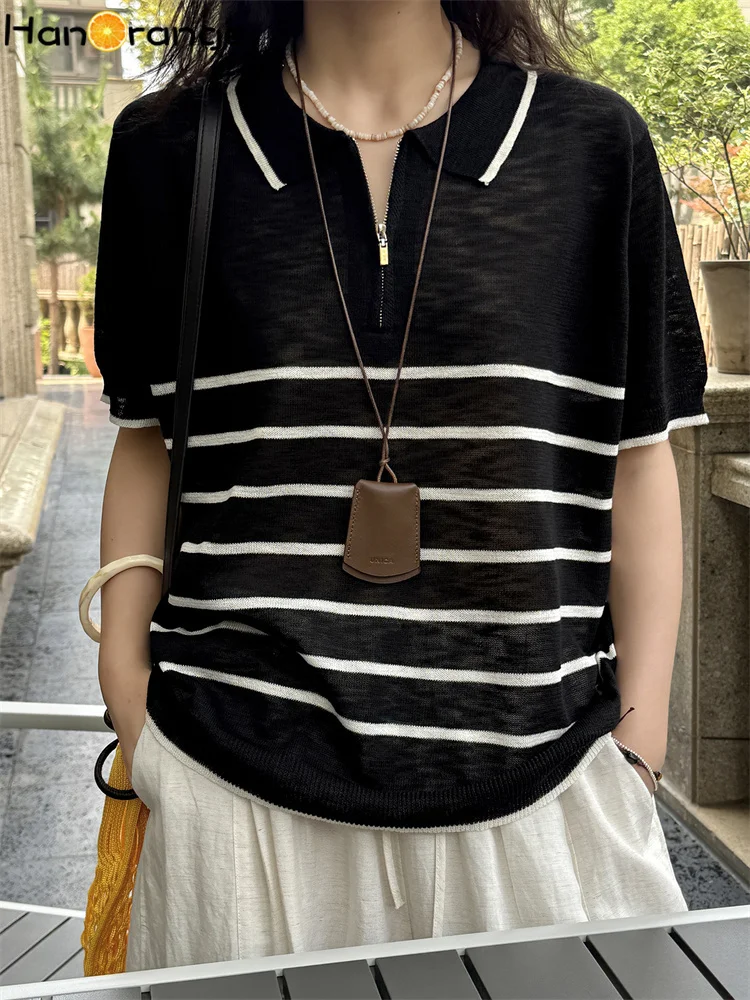 HanOrange 2025 Summer Half Zipper Striped Short Sleeve Thin Knitted Sweater Women Soft Skin Friendly Knitting Top White/Black
HanOrange 2025 Summer Half Zipper Striped Short Sleeve Thin Knitted Sweater Women Soft Skin Friendly Knitting Top White/Black