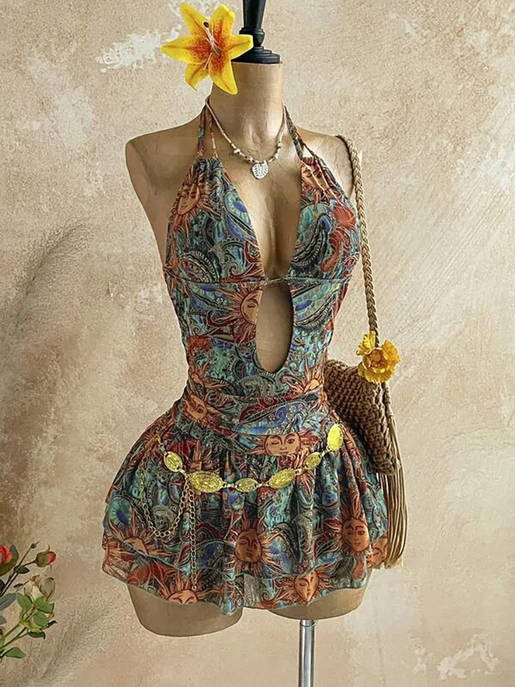 Vintage Sun Print Halter Mini Dress For Women Retro Bohemian Deep V Neck Cutout Beach Vacation Summer Party Dresses
Vintage Sun Print Halter Mini Dress For Women Retro Bohemian Deep V Neck Cutout Beach Vacation Summer Party Dresses