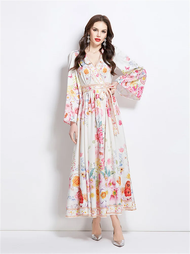 Spring Autumn New Oil Painting Floral Pattern Wrap Midi-length Dress Bohemian Style V-neck Flare Sleeve Beach Dresses
Spring Autumn New Oil Painting Floral Pattern Wrap Midi-length Dress Bohemian Style V-neck Flare Sleeve Beach Dresses