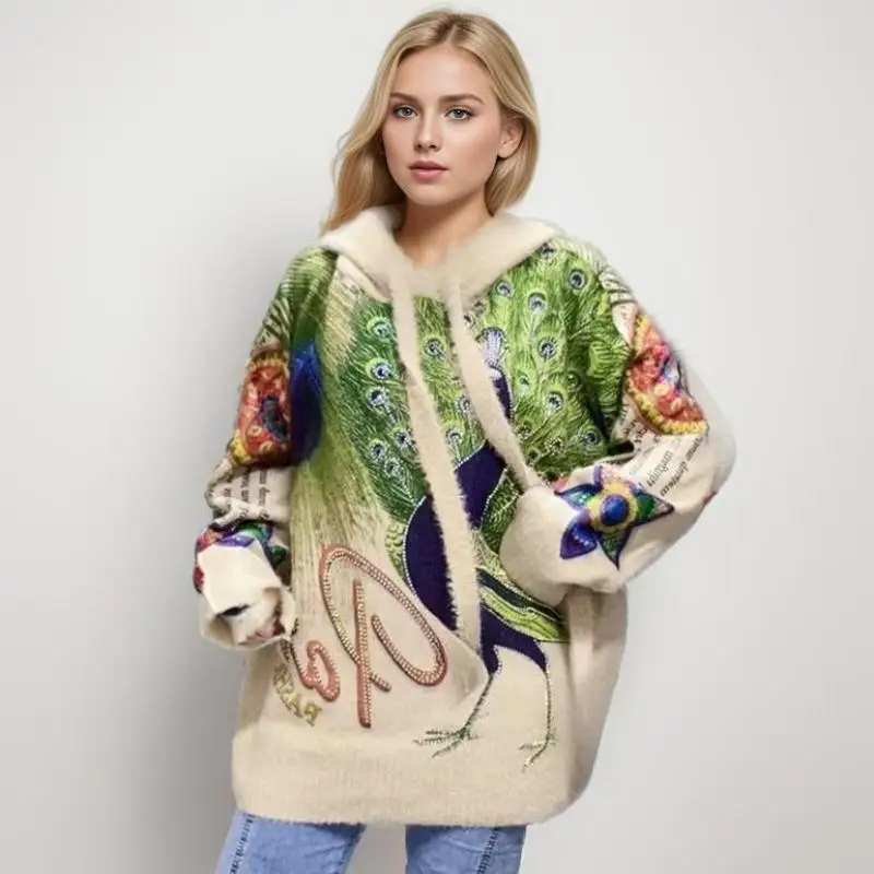 Oversize Women Sweaters Pattern Printing Mink Fur Hooded Knit Pullover Full Sleeve Hat Knitting Loose Top Autumn Winter
Oversize Women Sweaters Pattern Printing Mink Fur Hooded Knit Pullover Full Sleeve Hat Knitting Loose Top Autumn Winter