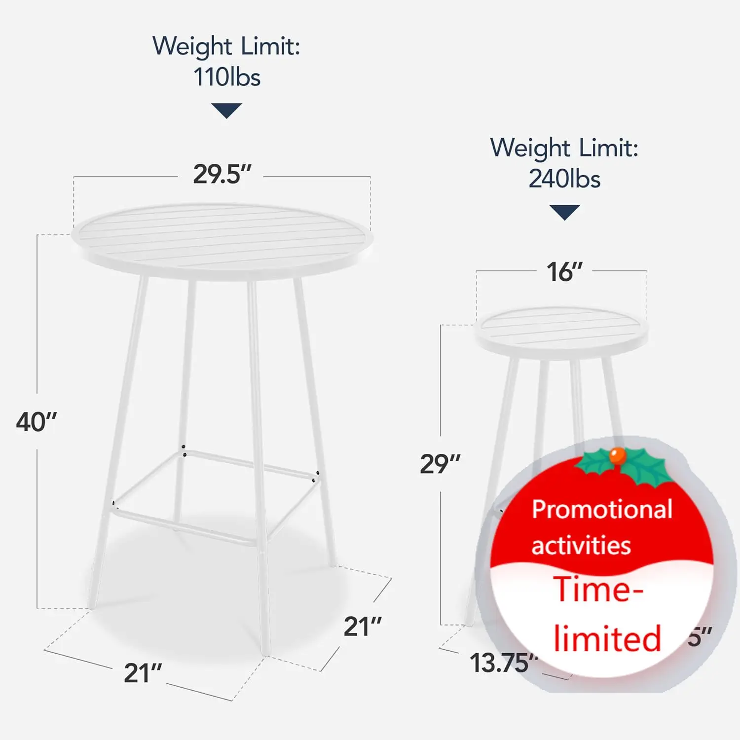 3-Piece Patio Dining Set, Bar Height, Outdoor Bistro Set, Outdoor Round Bar Table w/ 2 Bar Stools, Steel - White
3-Piece Patio Dining Set, Bar Height, Outdoor Bistro Set, Outdoor Round Bar Table w/ 2 Bar Stools, Steel - White