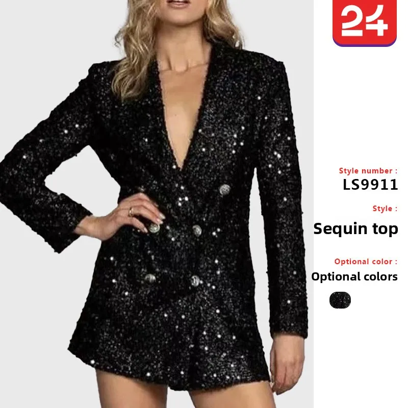 New European and American fashion celebrity v-neck temperament blazer double-breasted black sequined slim-fitting long top
New European and American fashion celebrity v-neck temperament blazer double-breasted black sequined slim-fitting long top