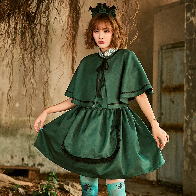 Women Lolita Halloween Dark Green High Collar Lace Slim Fit Bat Headwear Evil Maid Cosplay Costume Dress
Women Lolita Halloween Dark Green High Collar Lace Slim Fit Bat Headwear Evil Maid Cosplay Costume Dress