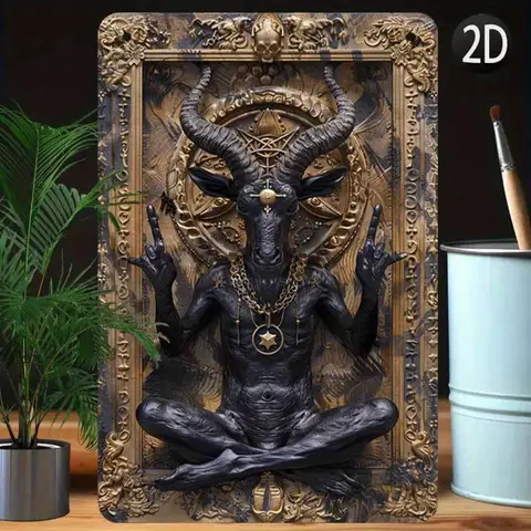 [Ingewone Satanische Muurkunst] Geitenmonster 2D Aluminium Muurkunst - Ingewikkelde Satanische Geitenkop Ontwerp met Pentagram & Ritualistisch