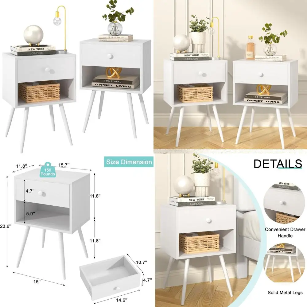 Pair of Mid-Century Modern Nightstands with Drawer & Open Shelves, Pure White, Ideal for Small Spaces
Pair of Mid-Century Modern Nightstands with Drawer & Open Shelves, Pure White, Ideal for Small Spaces