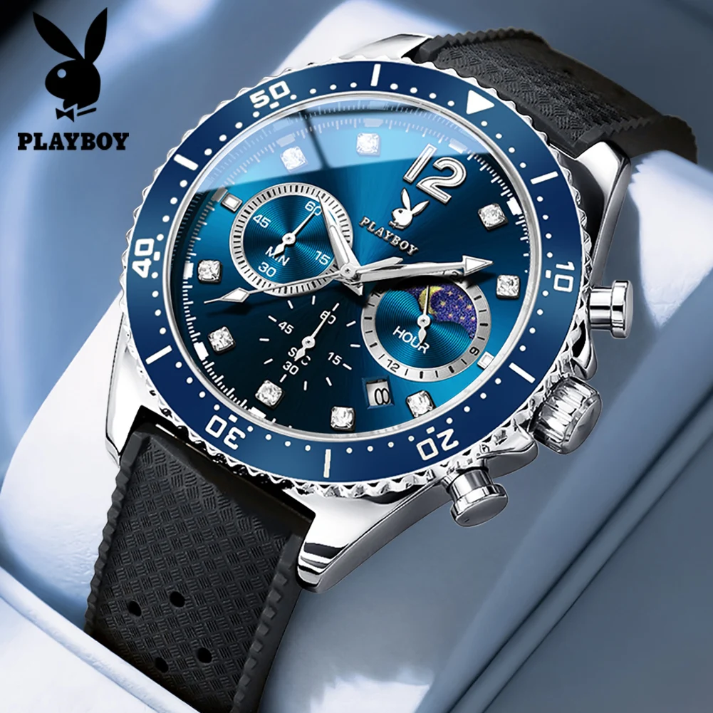 PLAYBOY 3515 Fashion Brand Night Light Function Chronograph 30m Waterproof Silicone Watch Band 24 Hour Phase Moon Watch Men
PLAYBOY 3515 Fashion Brand Night Light Function Chronograph 30m Waterproof Silicone Watch Band 24 Hour Phase Moon Watch Men