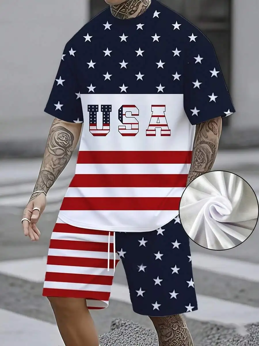 Mens Two-Piece USA Flag Print T-Shirt And Shorts Set, Stretch Knit Fabric, Regular Fit, Casual Summer Wear
Mens Two-Piece USA Flag Print T-Shirt And Shorts Set, Stretch Knit Fabric, Regular Fit, Casual Summer Wear