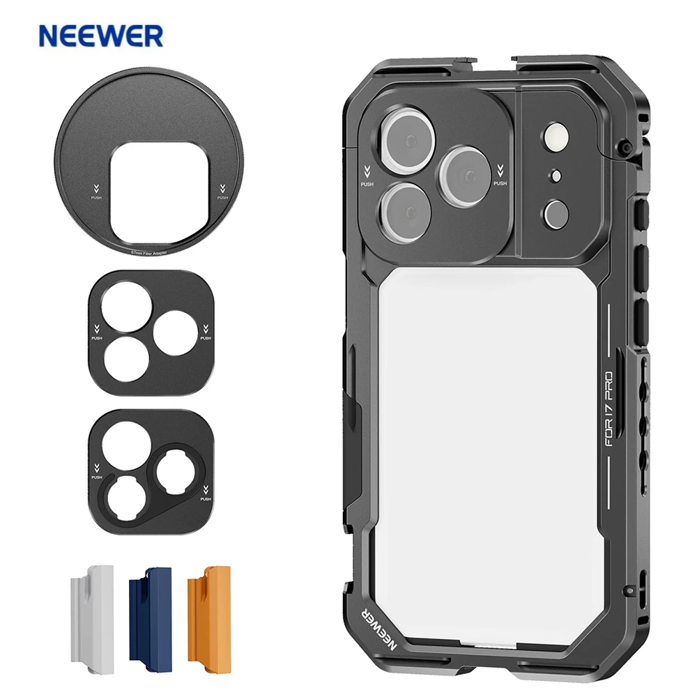 NEEWER Quick Release Phone Cage Kit Aluminum Alloy For iPhone 17 Pro/Pro Max with 67mm Filter Ring 17mm Lens Backplate
NEEWER Quick Release Phone Cage Kit Aluminum Alloy For iPhone 17 Pro/Pro Max with 67mm Filter Ring 17mm Lens Backplate