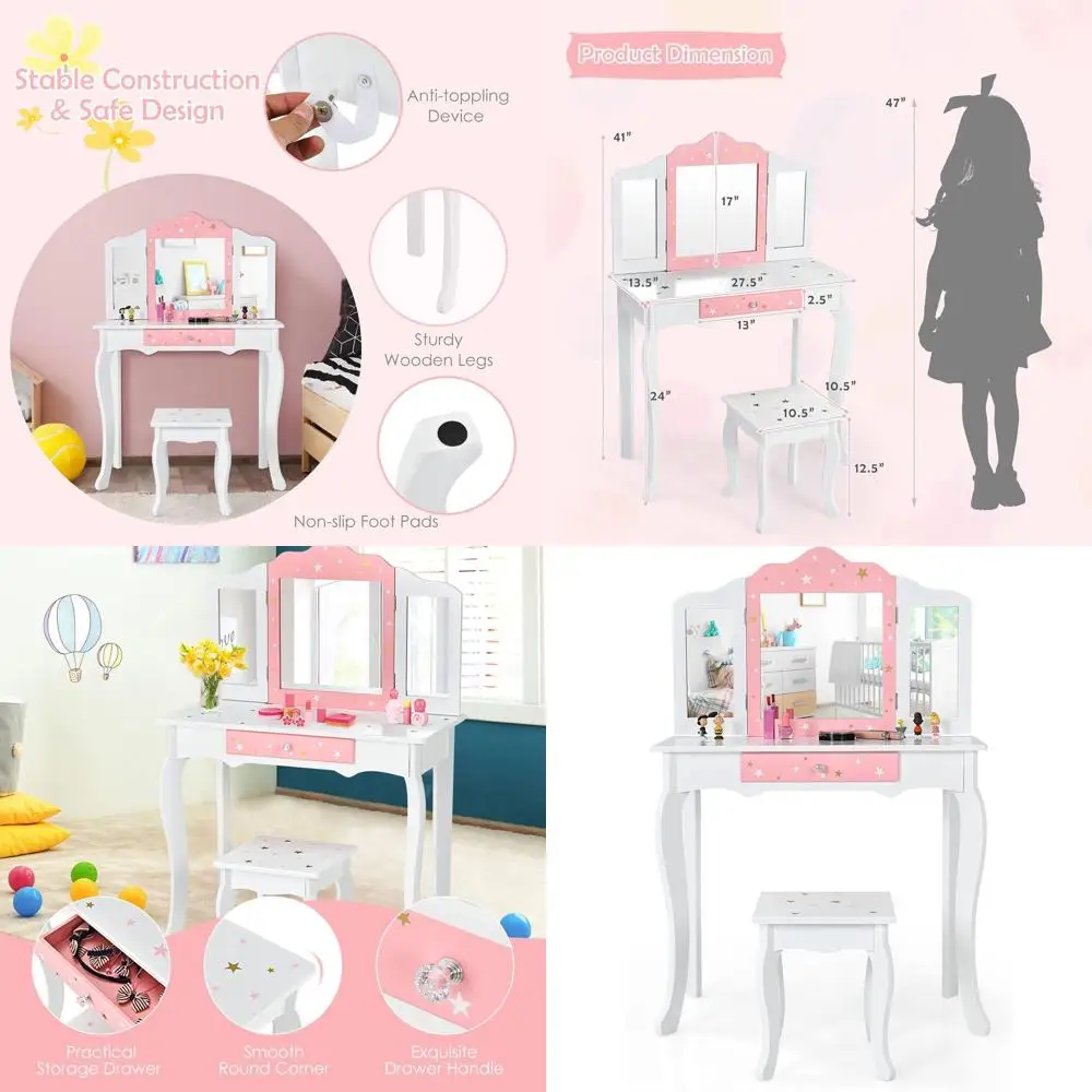Деревянный детский туалетный столик с табуреткой, ящиком и тройным зеркалом для ролевых игр для малышей (белый)
Деревянный детский туалетный столик с табуреткой, ящиком и тройным зеркалом для ролевых игр для малышей (белый)