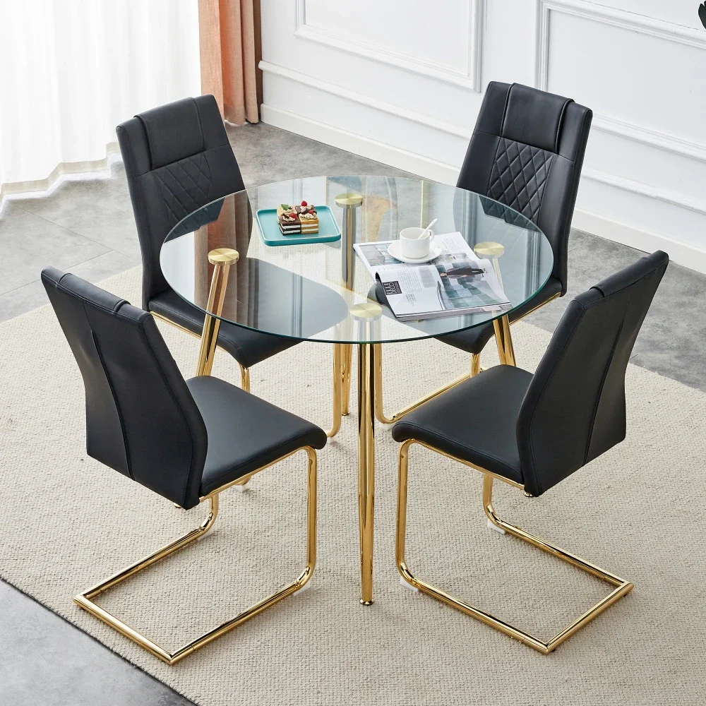 Table and Chair Set. Round Dining Table Glass Tabletop with A Diameter of 40 Inches Paired 4 Black PU Cushions A Dining Chair
Table and Chair Set. Round Dining Table Glass Tabletop with A Diameter of 40 Inches Paired 4 Black PU Cushions A Dining Chair