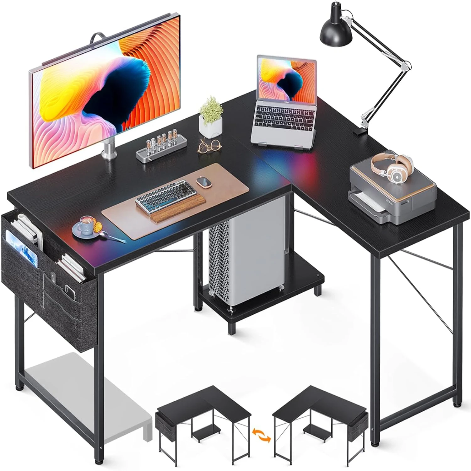L Shaped Desk, 50 Inch Computer Desk with Bag, Reversible Home Office Desk with Host Stand, Black Corner for Bedroom Studio, M
L Shaped Desk, 50 Inch Computer Desk with Bag, Reversible Home Office Desk with Host Stand, Black Corner for Bedroom Studio, M