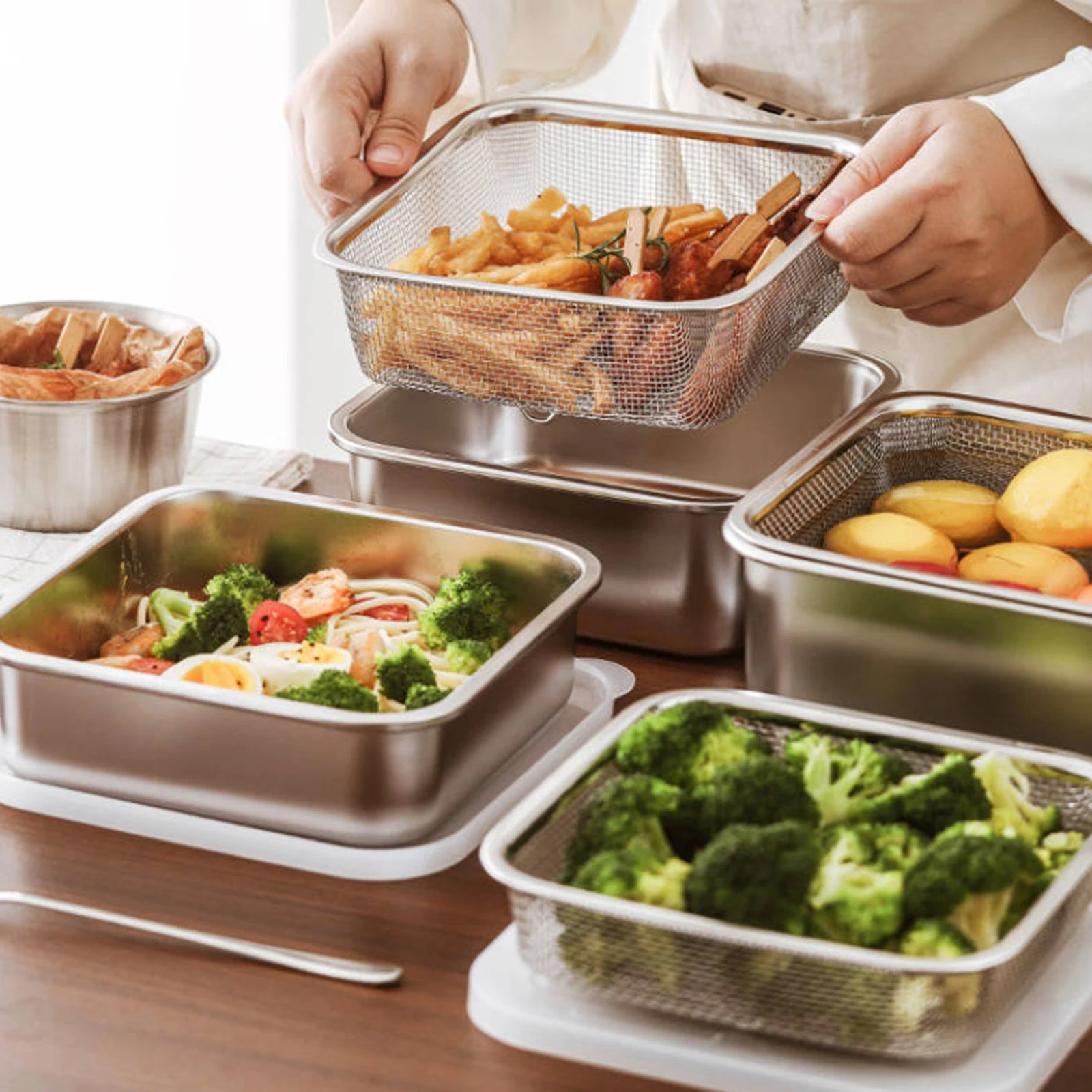 Для салата, фруктов, овощей, мяса, салата, контейнер для еды из нержавеющей стали с ситечком, штабелируемый универсальный набор дуршков
Для салата, фруктов, овощей, мяса, салата, контейнер для еды из нержавеющей стали с ситечком, штабелируемый универсальный набор дуршков