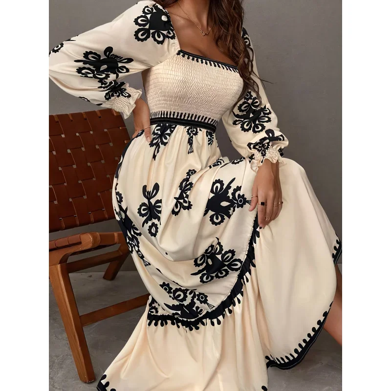 Palace Style Printed Square Neck Dress, Elegant Lace Printed Hem, Soft Elastic Body Shaping Long Sleeved Dress
Palace Style Printed Square Neck Dress, Elegant Lace Printed Hem, Soft Elastic Body Shaping Long Sleeved Dress