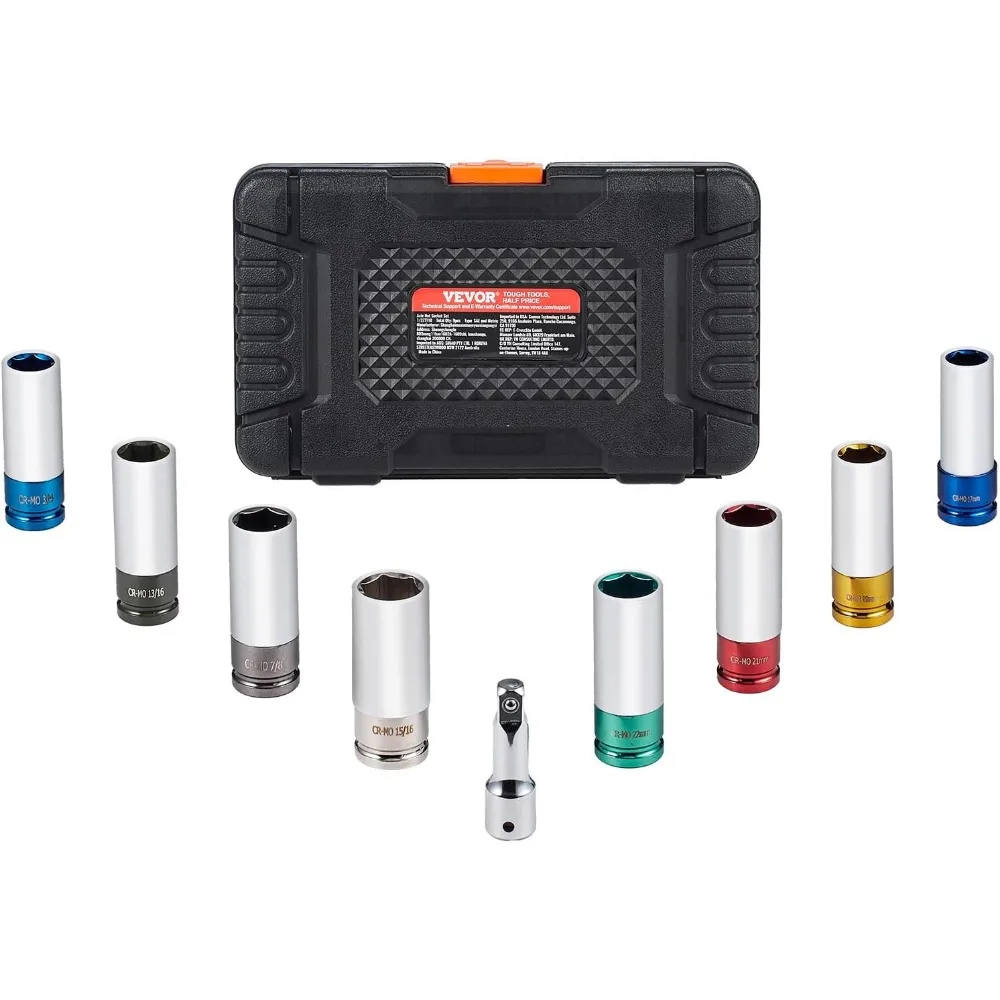 9 Piece 1 2 Inch Drive Deep Impact Socket Set Metric SAE 6 Point CR MO Wheel Protector with Extension Bar Storage Case
9 Piece 1 2 Inch Drive Deep Impact Socket Set Metric SAE 6 Point CR MO Wheel Protector with Extension Bar Storage Case