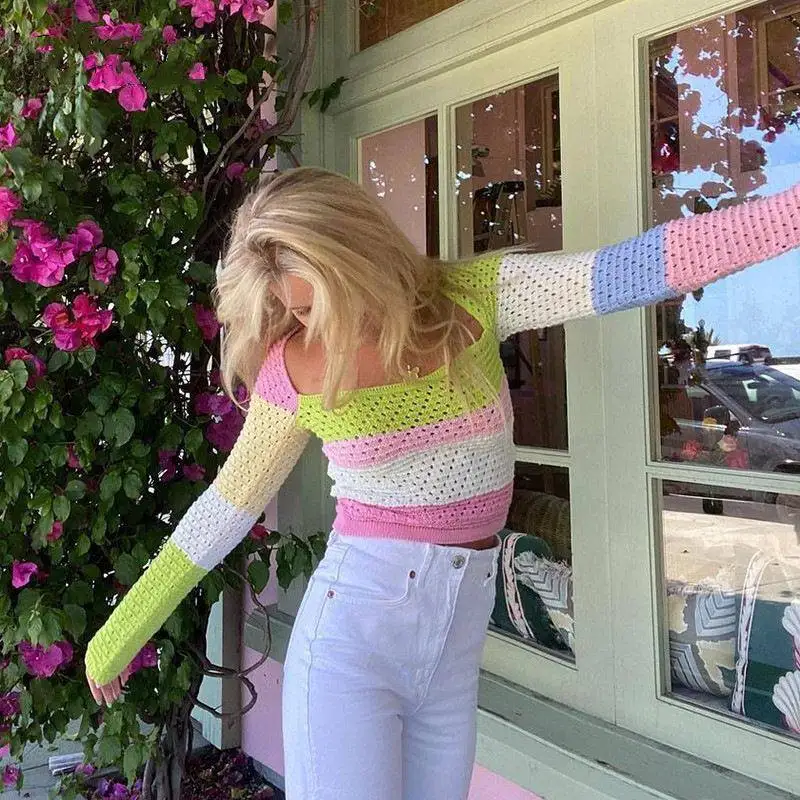 Fashionable Casual Color Block Knitted Long Sleeve Hollow out Women's Top Hollow out Design Breathable Summer Sweater
Fashionable Casual Color Block Knitted Long Sleeve Hollow out Women's Top Hollow out Design Breathable Summer Sweater