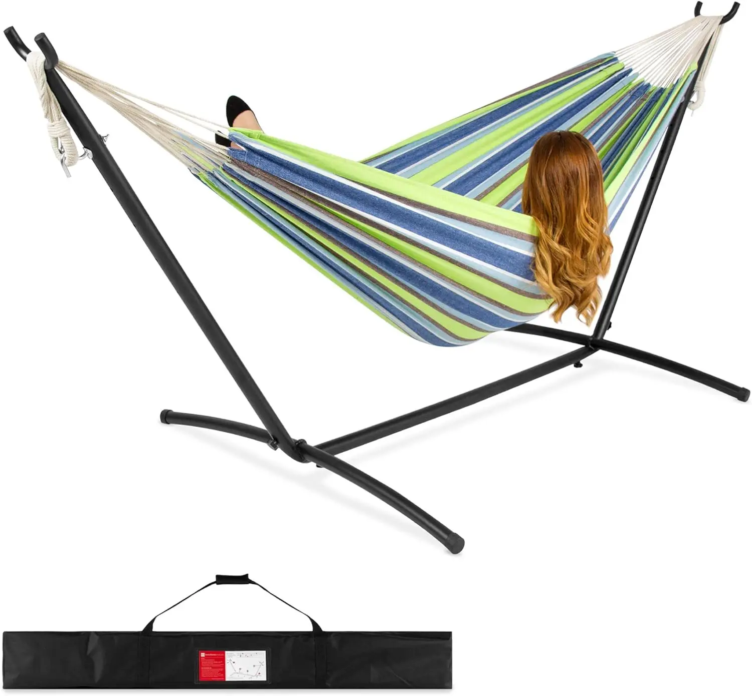 2-Person Double Hammock with Steel Stand, Brazilian-Style Cotton Bed, Includes Carrying Bag, for Indoor and Outdoor Use, Blue and Green Stripes
2-Person Double Hammock with Steel Stand, Brazilian-Style Cotton Bed, Includes Carrying Bag, for Indoor and Outdoor Use, Blue and Green Stripes