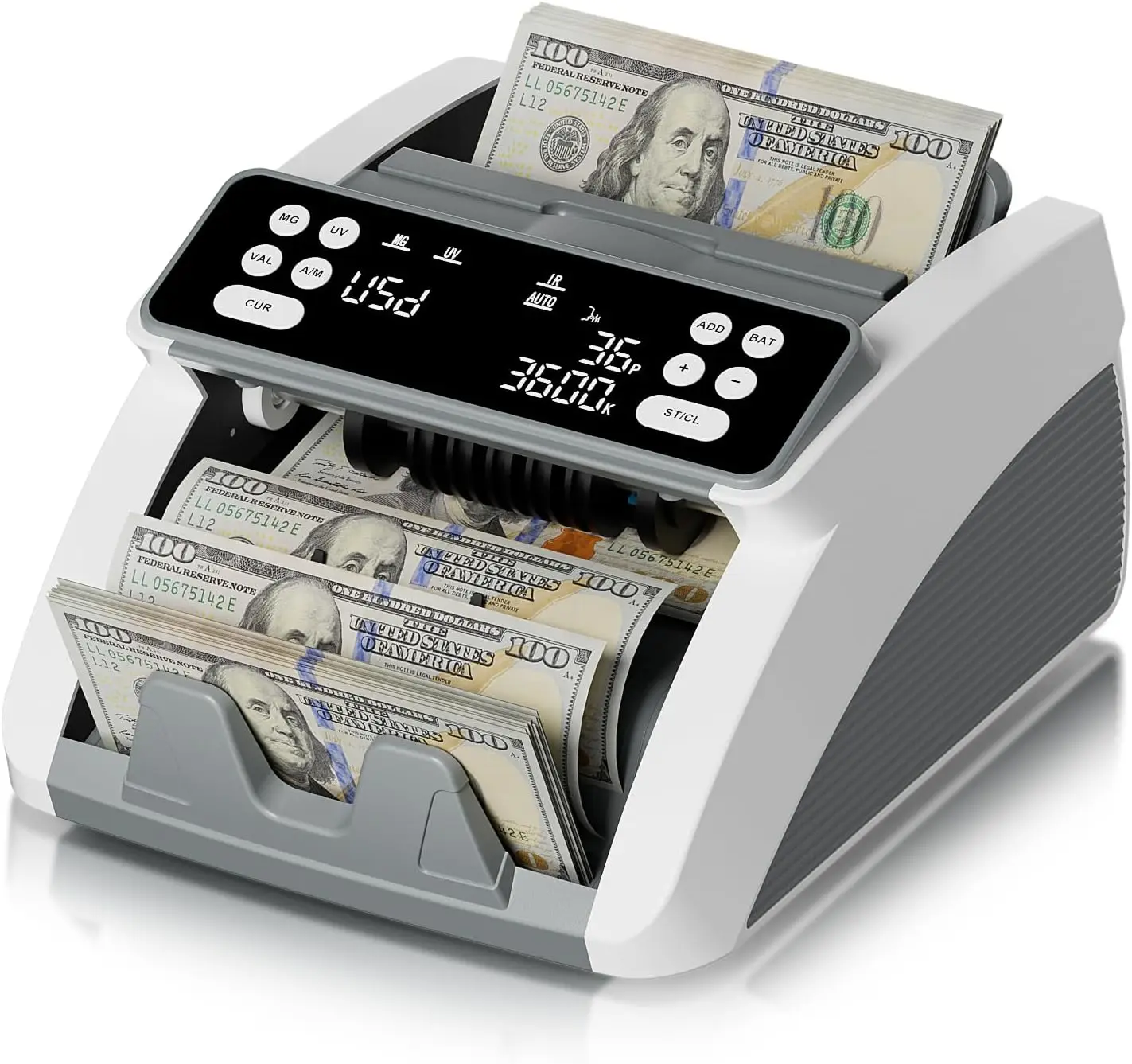 Cash Counter with UV/MG/IR Detection, Value Count for USD & EUR, 1000 Bills/min, Auto Batch, LED Display, Gray
Cash Counter with UV/MG/IR Detection, Value Count for USD & EUR, 1000 Bills/min, Auto Batch, LED Display, Gray