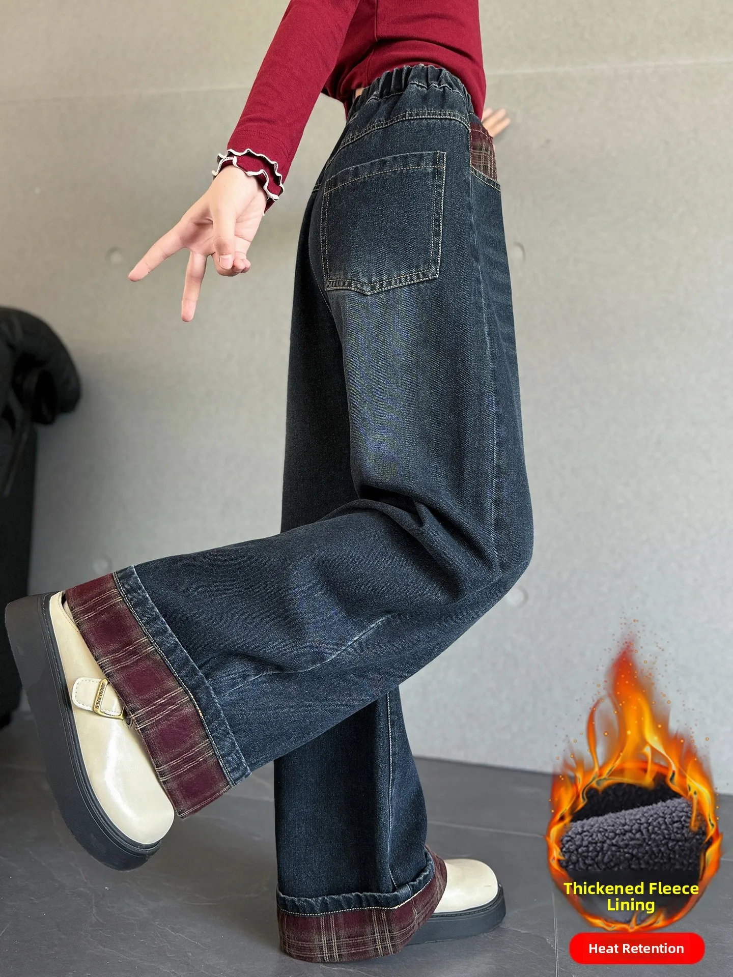 Thiened Fce Winter Denim Pants for Girls Plaid Wide Leg Jeans Warm Casual Sle l Waist Chinese Production
Thiened Fce Winter Denim Pants for Girls Plaid Wide Leg Jeans Warm Casual Sle l Waist Chinese Production