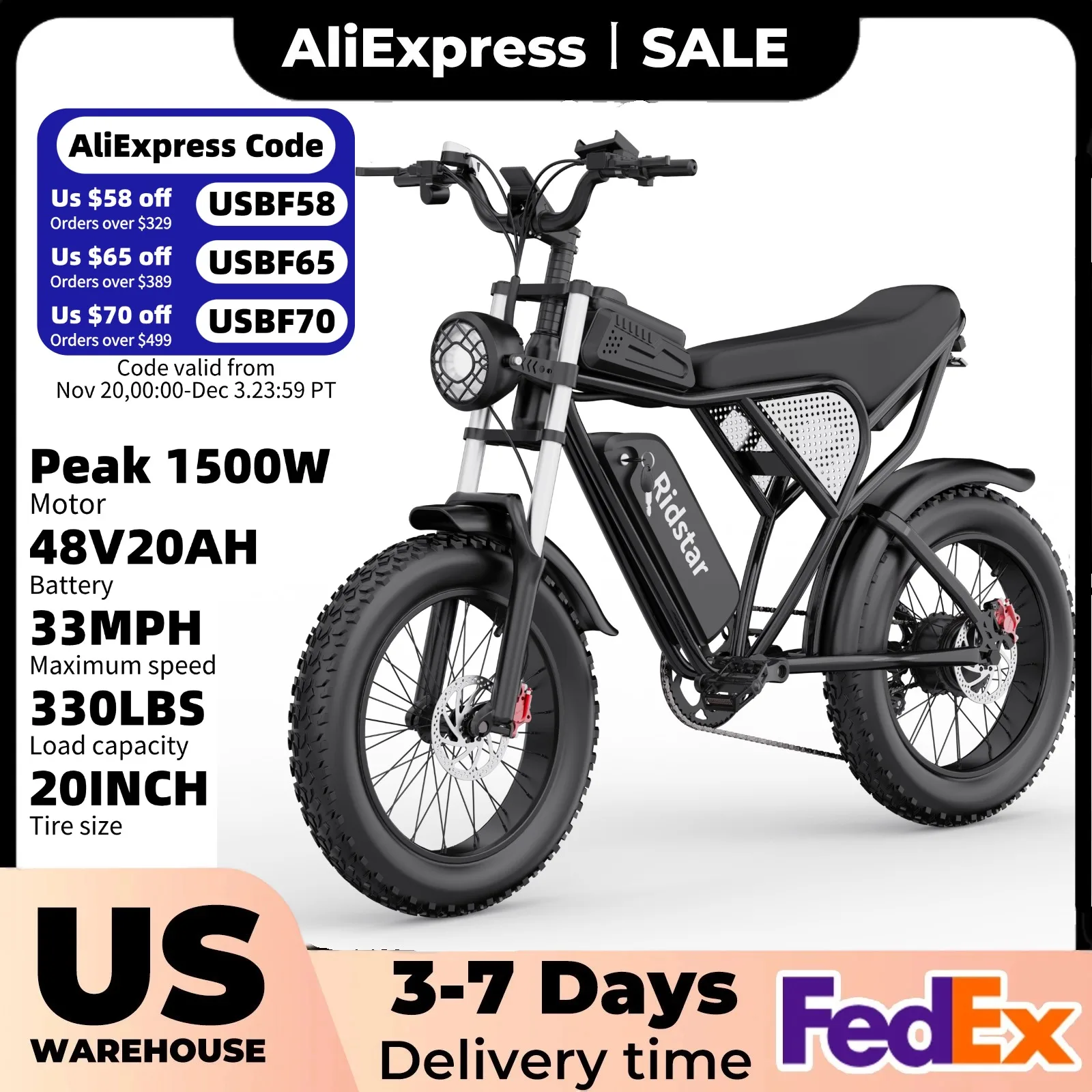 Ridstar Electric Bike for Adults 1500W 33MPH 48V 20AH 20" Fat Tire Dirt Bike Shimano 7-Speed E-Bike Commuter Ebike Motorcycle
Ridstar Electric Bike for Adults 1500W 33MPH 48V 20AH 20" Fat Tire Dirt Bike Shimano 7-Speed E-Bike Commuter Ebike Motorcycle