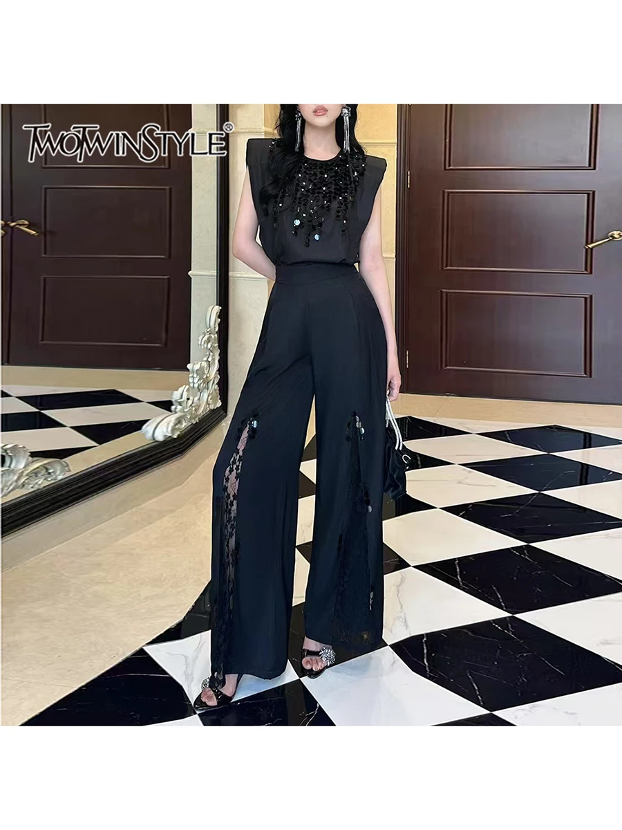 TWOTWINSTYLE Solid Two Piece Set For Women O Neck Sleeveless Spliced Sequines Top High Waist Pant Elegsnt Sets Female Fashion
TWOTWINSTYLE Solid Two Piece Set For Women O Neck Sleeveless Spliced Sequines Top High Waist Pant Elegsnt Sets Female Fashion