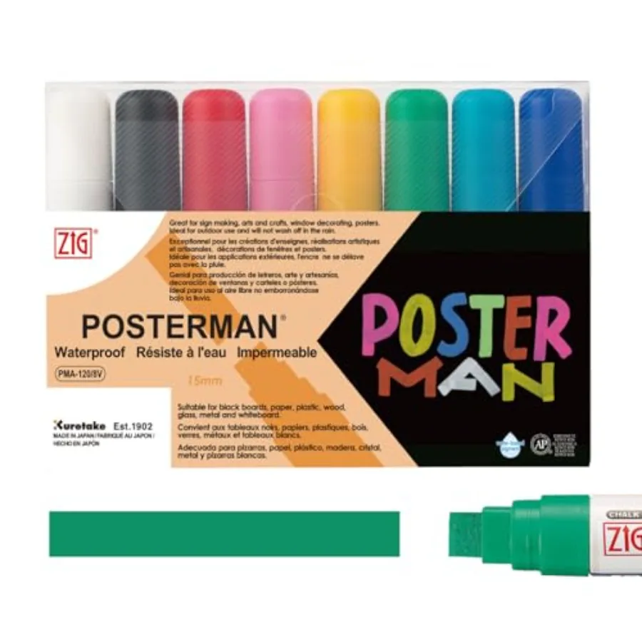 ZIG POSTERMAN Acrylic Marker, 15mm Big and Broad Point, Water Based Pigment, For Blackboard, Paper, Plastic, Wood, Glass, Metal
ZIG POSTERMAN Acrylic Marker, 15mm Big and Broad Point, Water Based Pigment, For Blackboard, Paper, Plastic, Wood, Glass, Metal