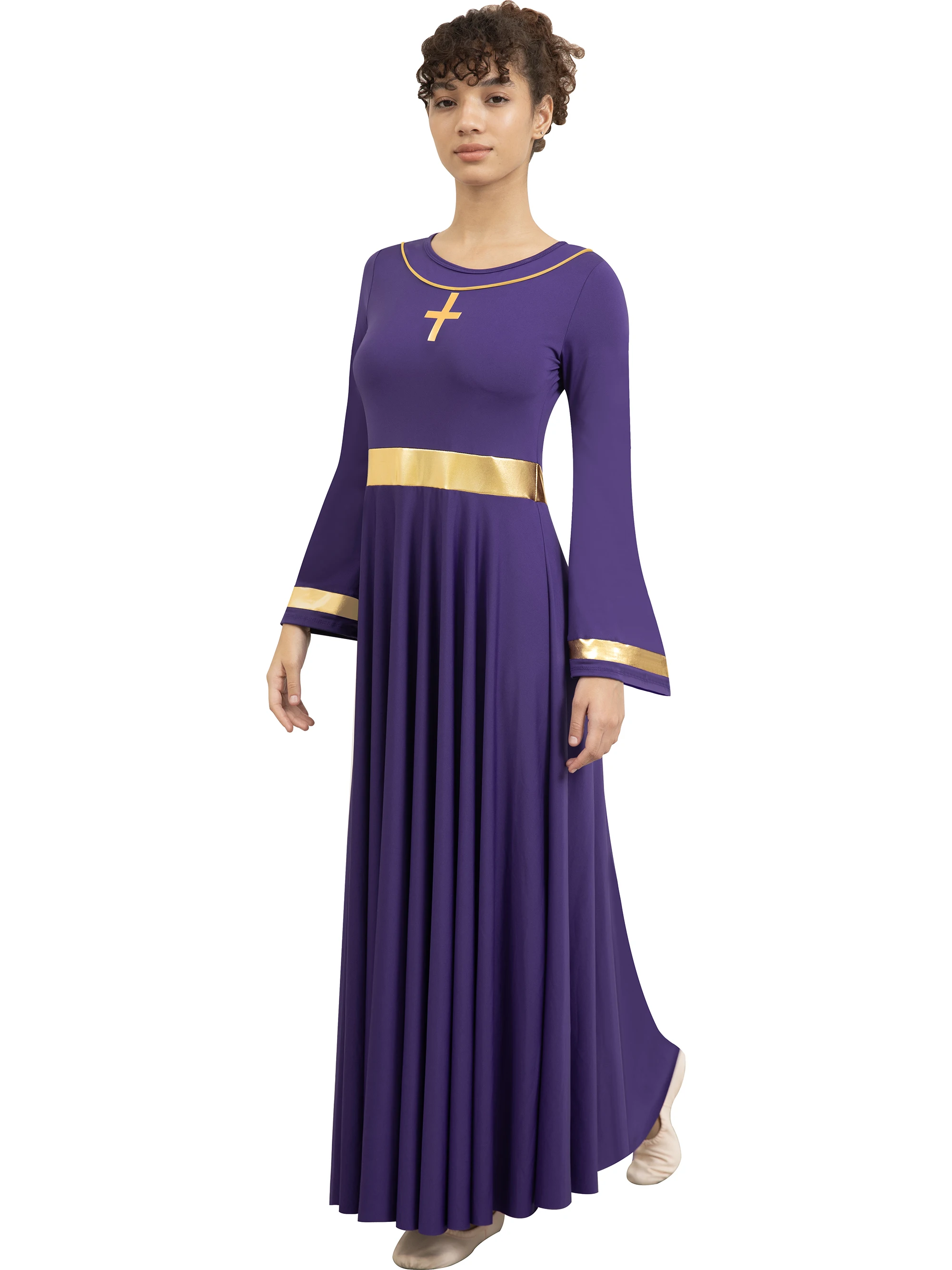 Women Liturgical Praise Dance Dress Metallic Worship Costume Loose Fit Full Length Bell Long Sleeve Dancewear
Women Liturgical Praise Dance Dress Metallic Worship Costume Loose Fit Full Length Bell Long Sleeve Dancewear