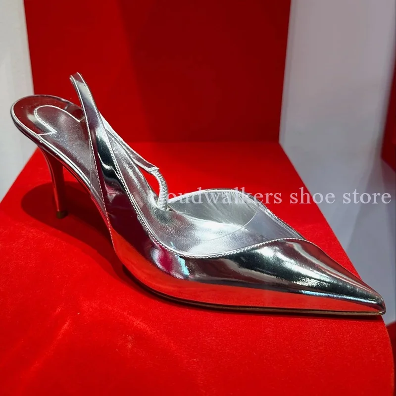 Women's Silver Patent Leather Splicing Fashion Design Sandals Wrapped Point Toe Slingback Stiletto Pumps Summer Skirt Suit Shoes
Women's Silver Patent Leather Splicing Fashion Design Sandals Wrapped Point Toe Slingback Stiletto Pumps Summer Skirt Suit Shoes