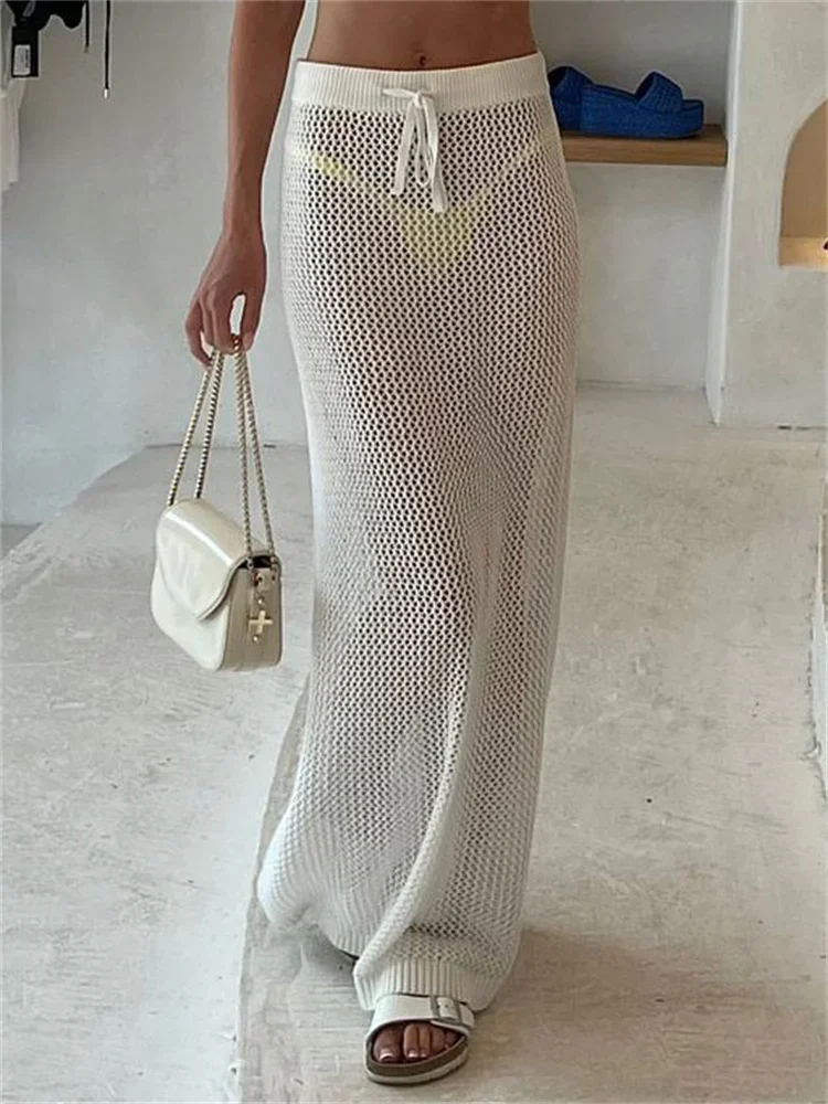 Hollow Out Knit Long Skirt For Women See-Through Casual Holiday Beach Skirt Outfits Solid Knitwear Lace-Up Women Y2k Skirt
Hollow Out Knit Long Skirt For Women See-Through Casual Holiday Beach Skirt Outfits Solid Knitwear Lace-Up Women Y2k Skirt