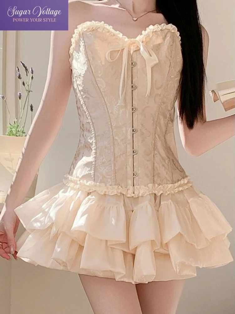 French Vintage Elegant Sweet 2 Piece Set Women Corset Top + Tiered Ruffle Mini Skirt Summer Casual Slim Fit Party Chic Outfits
French Vintage Elegant Sweet 2 Piece Set Women Corset Top + Tiered Ruffle Mini Skirt Summer Casual Slim Fit Party Chic Outfits
