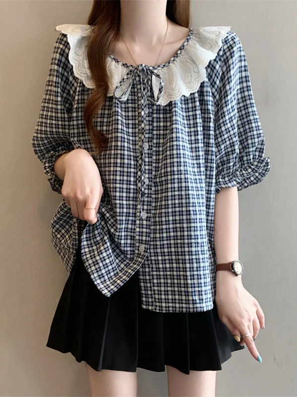 Puff-Sleeve Plaid Shirt Women's Short-Sleeved Baby Collar Summer New Style Korean Version Loose Fit Commute Wind Blouse
Puff-Sleeve Plaid Shirt Women's Short-Sleeved Baby Collar Summer New Style Korean Version Loose Fit Commute Wind Blouse