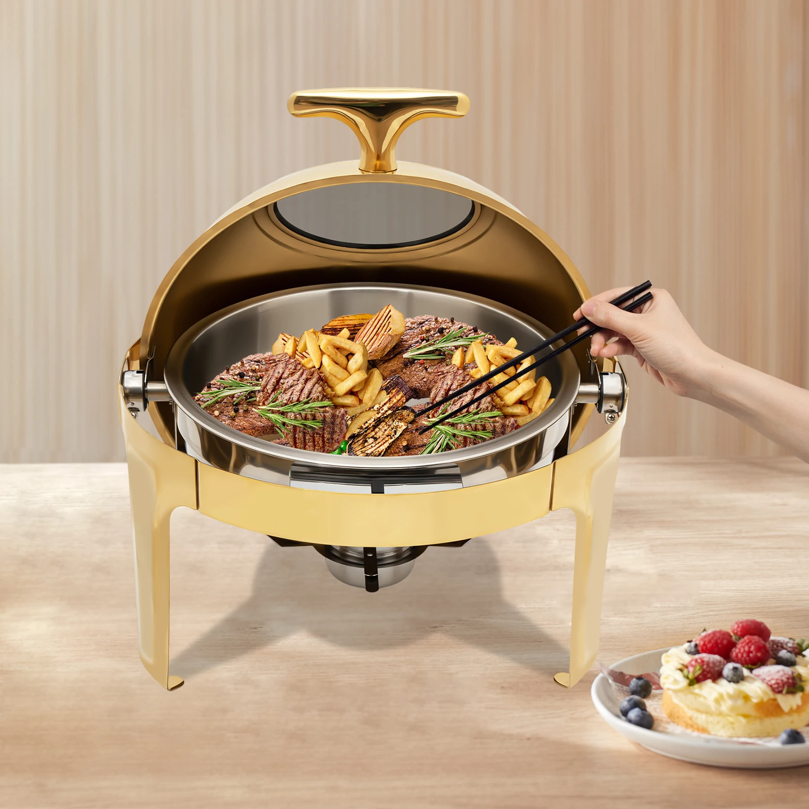 6QT Round Chafing Dish Buffet Set, Roll Top Stainless Steel Food Warmer Chafers and Buffet Warmers Sets with Thick Frame, fits for Catering Events Parties Weddings Dinners,Gold
6QT Round Chafing Dish Buffet Set, Roll Top Stainless Steel Food Warmer Chafers and Buffet Warmers Sets with Thick Frame, fits for Catering Events Parties Weddings Dinners,Gold