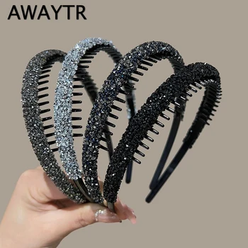 AWAYTR 여성용 럭셔리 미끄럼 방지 라인스톤 헤어 후프 밴드, 여성용 치아 탄성 머리띠, 반짝이는 헤어 후프, 베젤 액세서리