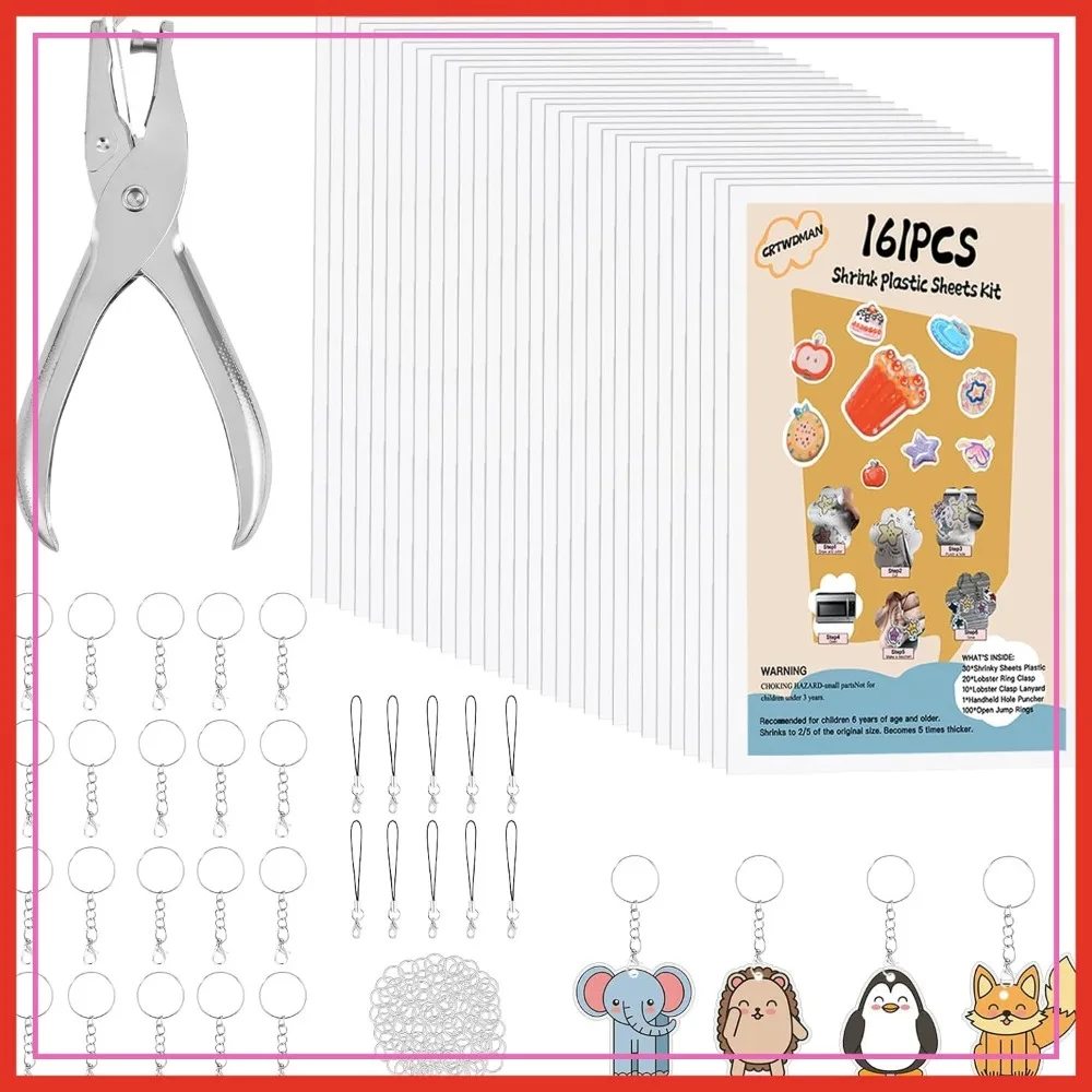 161 Pcs Shrink Paper Keychain Kit, 30 Shrinky Plastic Sheets, Hole Punch, Lobster Clasps, Jump Rings, DIY Craft Set
161 Pcs Shrink Paper Keychain Kit, 30 Shrinky Plastic Sheets, Hole Punch, Lobster Clasps, Jump Rings, DIY Craft Set